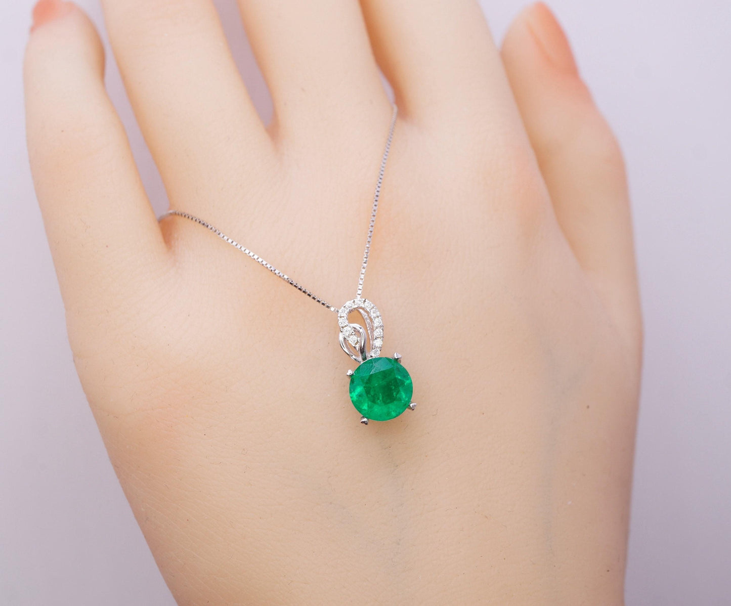 Green Emerald Necklace May Birthstone chain - 18KGP @ Sterling Silver - 8mm 2 CT Round Cut Green Emerald Pendant #382