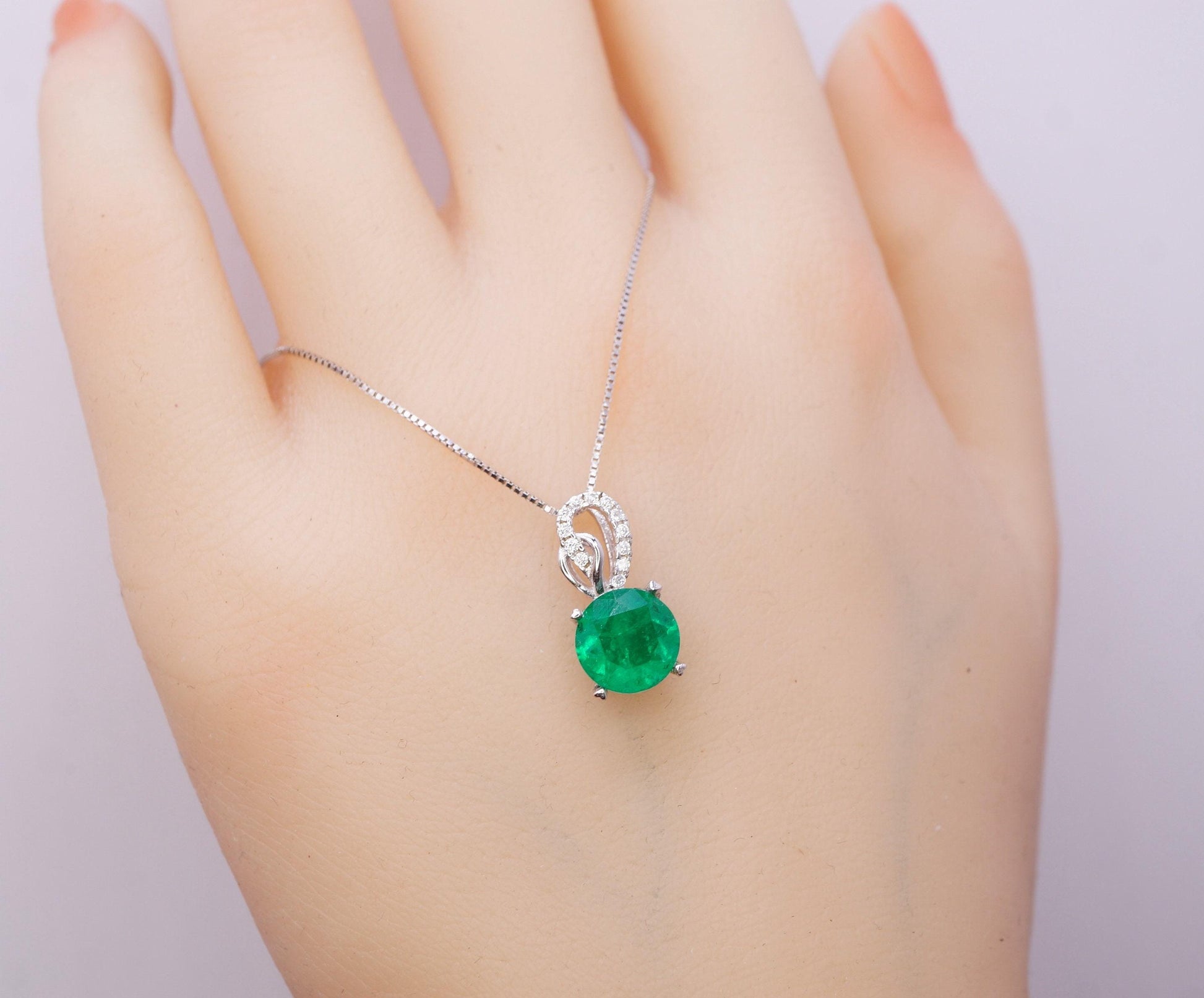 Green Emerald Necklace May Birthstone chain - 18KGP @ Sterling Silver - 8mm 2 CT Round Cut Green Emerald Pendant #382