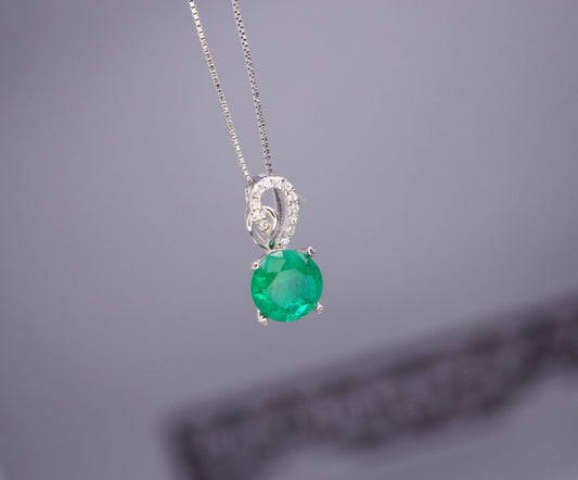 Green Emerald Necklace May Birthstone chain - 18KGP @ Sterling Silver - 8mm 2 CT Round Cut Green Emerald Pendant #382