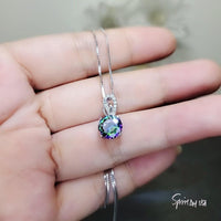 Round Mystic Topaz Necklace Sterling Silver 2 ct Round Sim Gemstone Rainbow Pendant 18k White Gold Coated Solitaire Halo Minimalist 094
