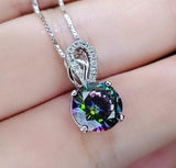 Round Mystic Topaz Necklace Sterling Silver 2 ct Round Sim Gemstone Rainbow Pendant 18k White Gold Coated Solitaire Halo Minimalist 094