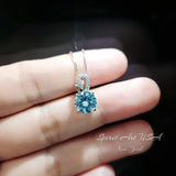 Tiny Blue Aquamarine Necklace - Sterling Silver Single Halo Dangle Round 8mm - March Birthstone - Aquamarine Jewelry 081