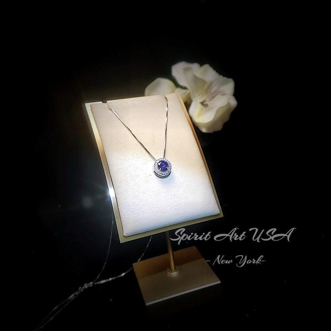 18KGP Sterling Silver Tanzanite Choker - Minimalist Blue Gemstone Halo Lab Created Tanzanite Necklace 065