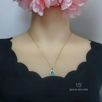 Teardrop Emerald Necklace Sterling Silver Gemstone Pear Halo White Gold Plated 2.5 CT Green Emerald Pendant jewelry #138