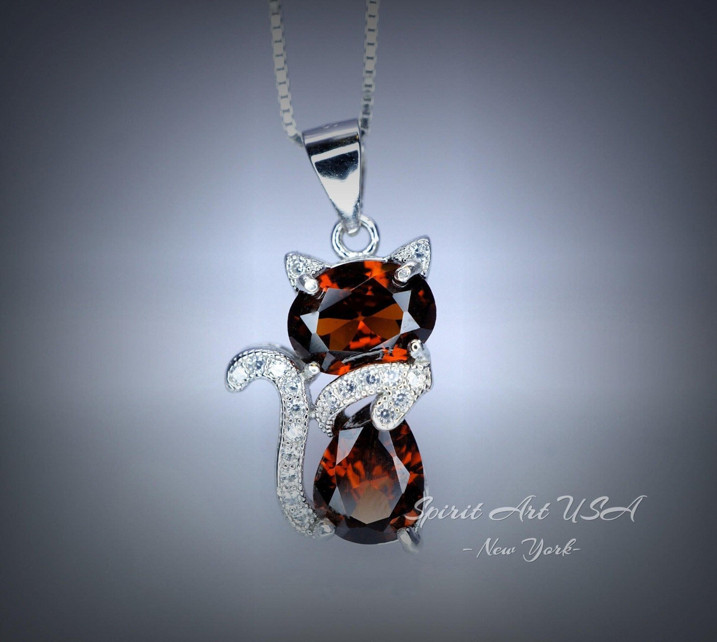 Spessartite Garnet Necklace - 18KGP @ Sterling Silver - Gemstone Kitty Cat Pendant - Pet lover gift - Kitten Garnet Jewelry #212