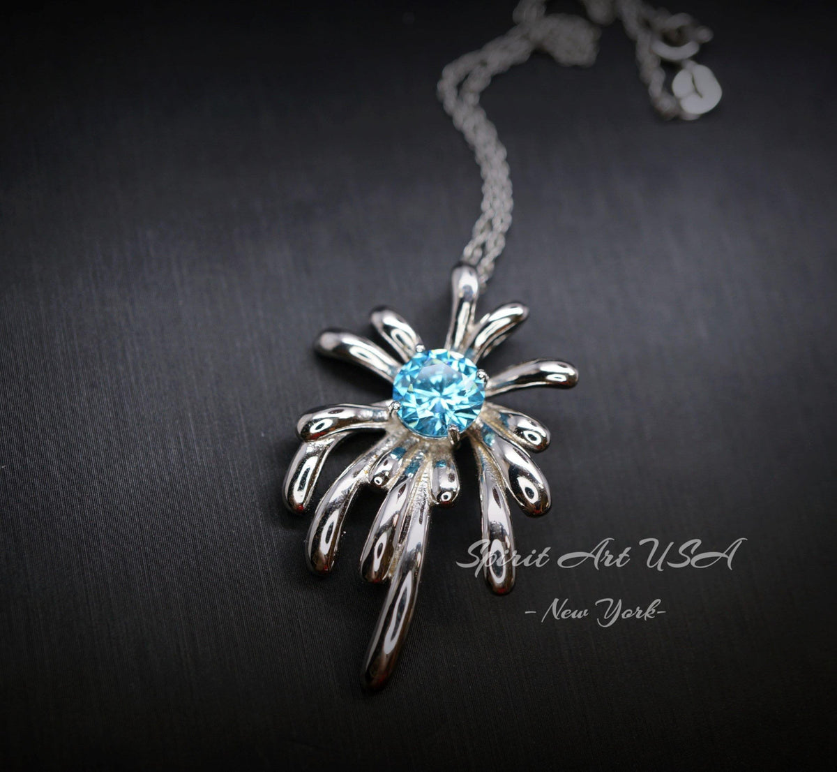 Sterling Silver Aquamarine Necklace - Firework Aquamarine Pendant - White Gold Plated Sterling Silver - March Birthstone #705