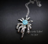 Sterling Silver Aquamarine Necklace - Firework Aquamarine Pendant - White Gold Plated Sterling Silver - March Birthstone #705