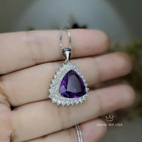Large Genuine Trillion Amethyst Necklace, Layered 7 CT Triangle Halo Solitaire Purple, Natural Amethyst Pendant #981
