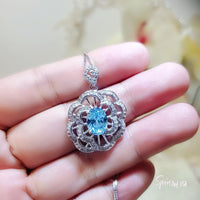 Large Peony Aquamarine Necklace - Full Sterling Silver 2.1 CT Blue Aquamarine Pendant - White Gold plated Gemstone Flower Jewelry #553