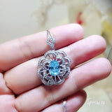 Large Peony Aquamarine Necklace - Full Sterling Silver 2.1 CT Blue Aquamarine Pendant - White Gold plated Gemstone Flower Jewelry #553