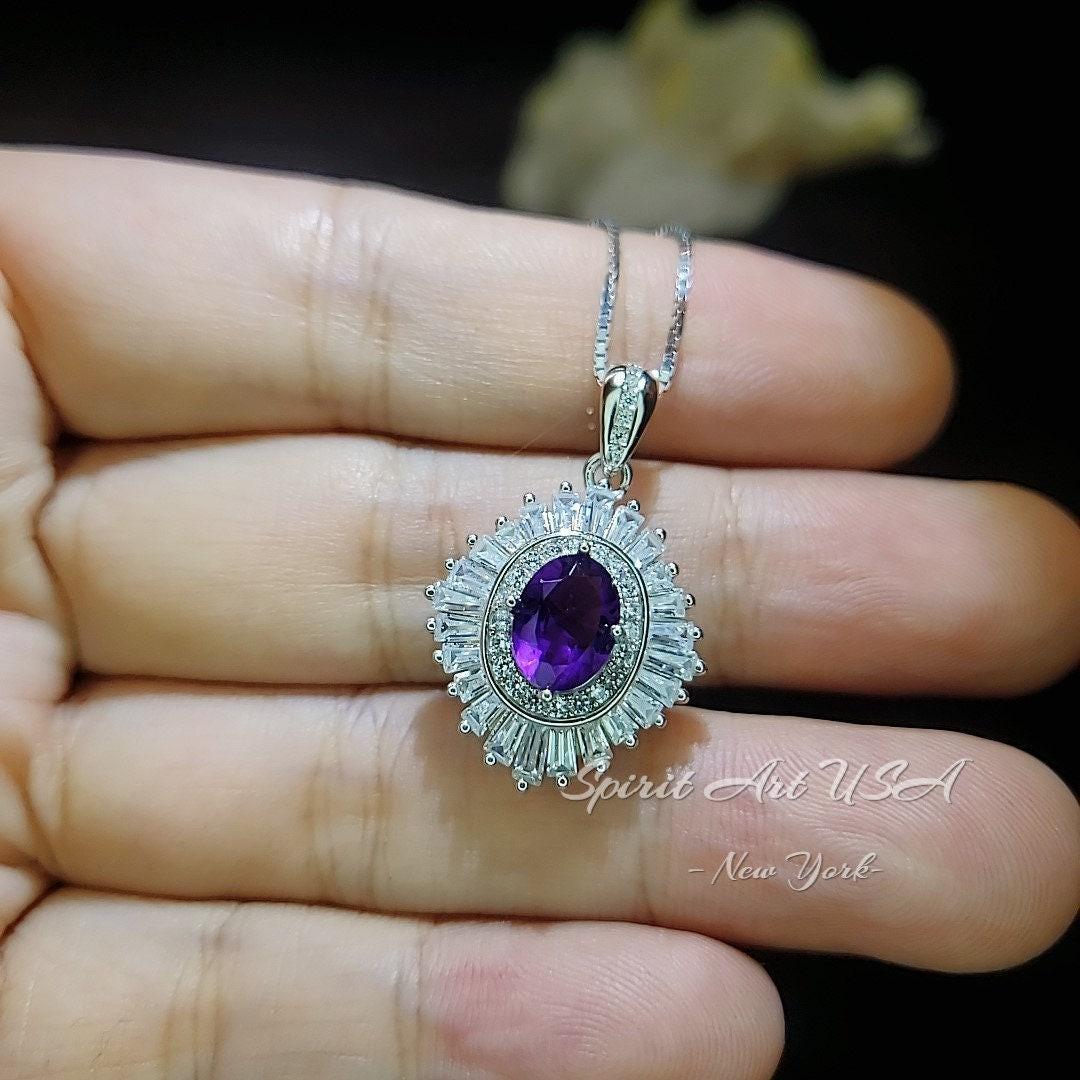 Sim Gemstone Genuine Amethyst Necklace - 18KGP @ Sterling Silver Halo 1.5 Ct Natural Purple Amethyst Pendant February Bridal #620