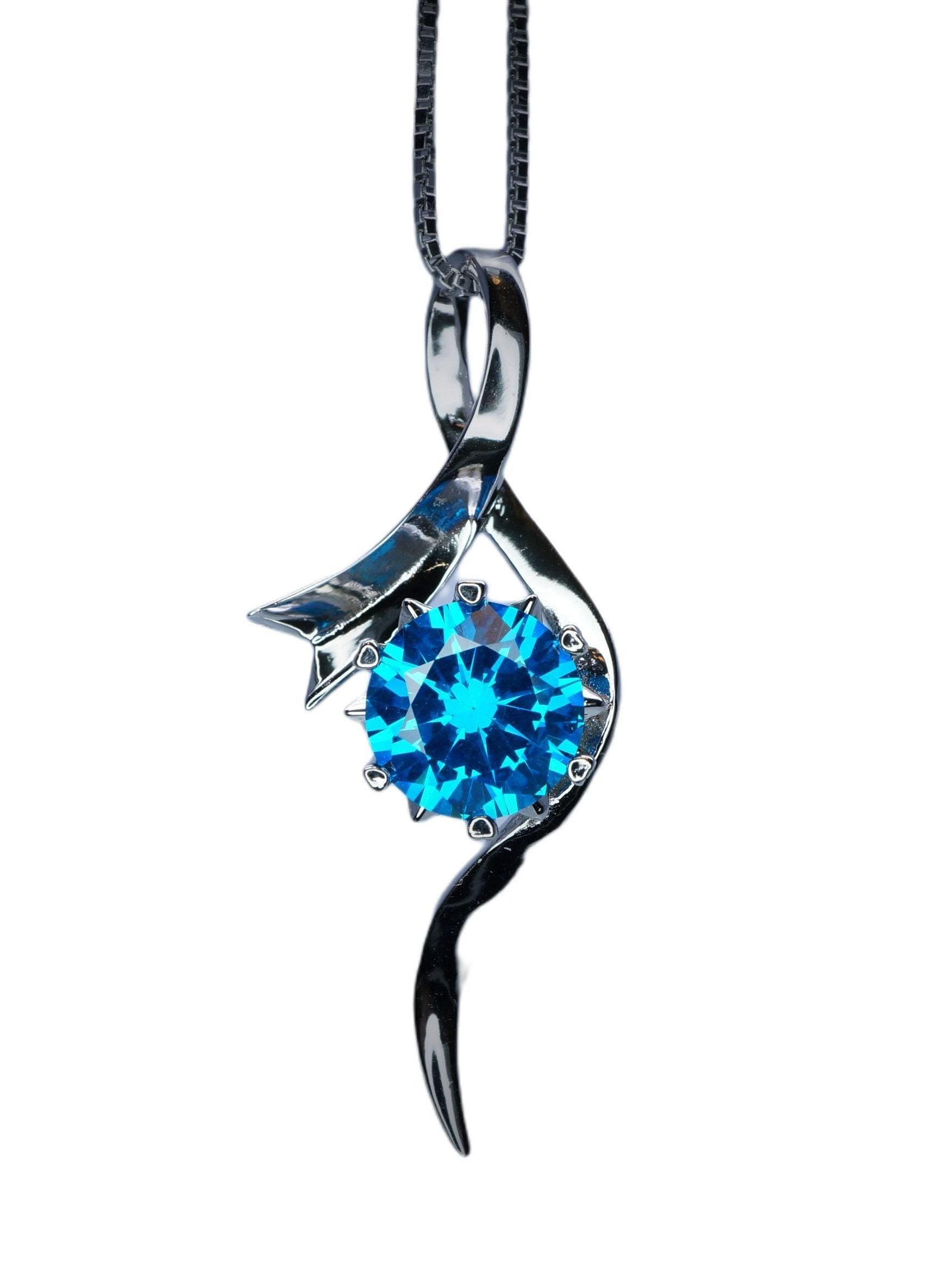 Round Blue Topaz Necklace - Sterling Silver Swirl Bow Infinity 2 CT Blue Topaz Pendant - White Gold coated November Birthstone #470