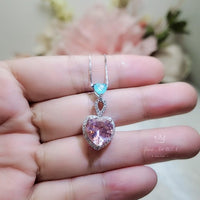 Pink Morganite Necklace Double Heart Sterling Silver Blue Paraiba Couple Two Connect Heart Pendant - 18KGP with Lab Created Morganite #736