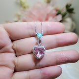 Pink Morganite Necklace Double Heart Sterling Silver Blue Paraiba Couple Two Connect Heart Pendant - 18KGP with Lab Created Morganite #736