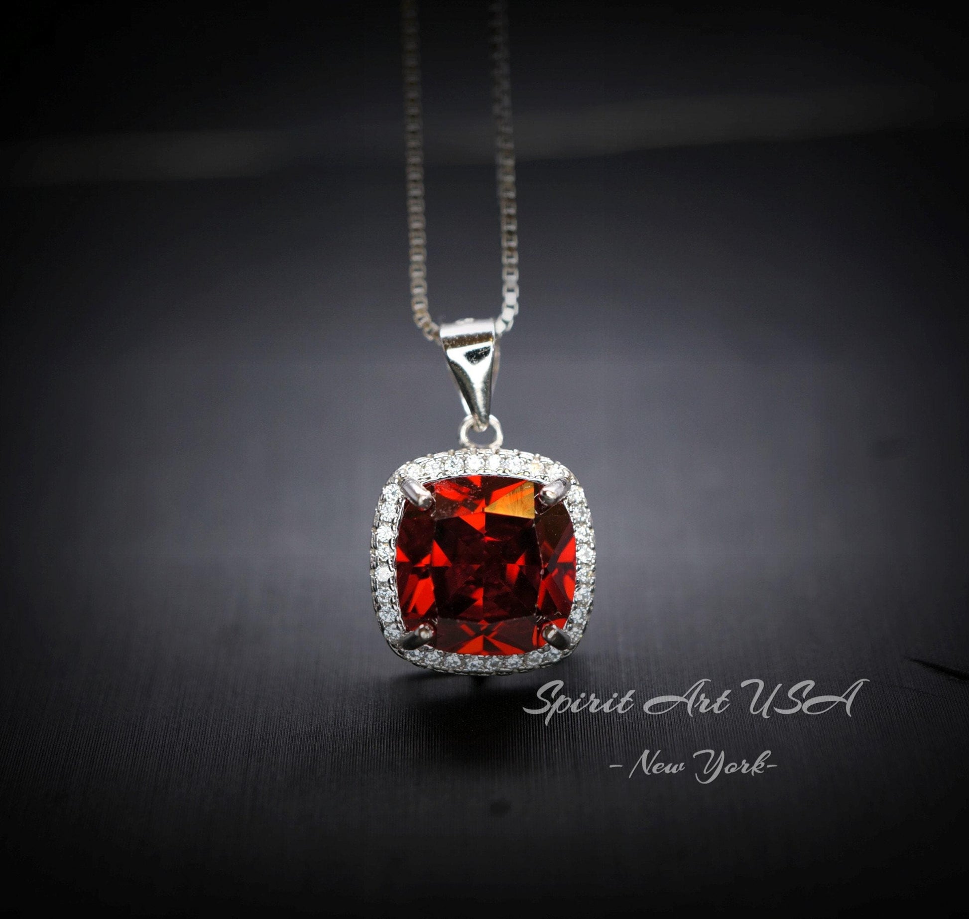 Spessartite Garnet Necklace 5CT Large Square Garnet Pendant - 18kgp Sterling Silver Solitaire Red Orange Garnet Jewelry lab created gem #441