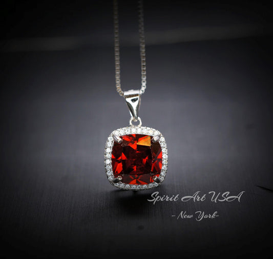 Spessartite Garnet Necklace 5CT Large Square Garnet Pendant - 18kgp Sterling Silver Solitaire Red Orange Garnet Jewelry lab created gem #441