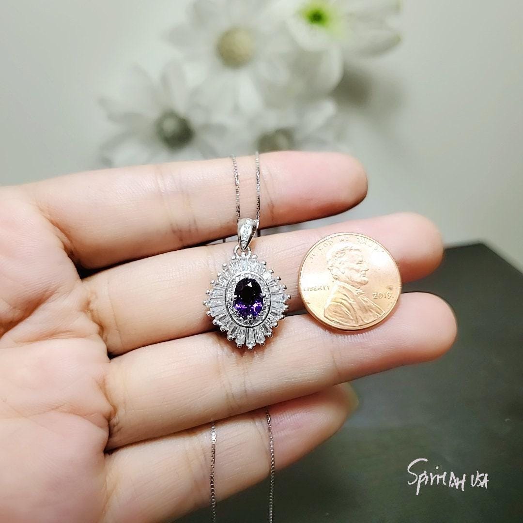 Sim Gemstone Genuine Amethyst Necklace - 18KGP @ Sterling Silver Halo 1.5 Ct Natural Purple Amethyst Pendant February Bridal #620