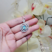 Large Peony Aquamarine Necklace - Full Sterling Silver 2.1 CT Blue Aquamarine Pendant - White Gold plated Gemstone Flower Jewelry #553