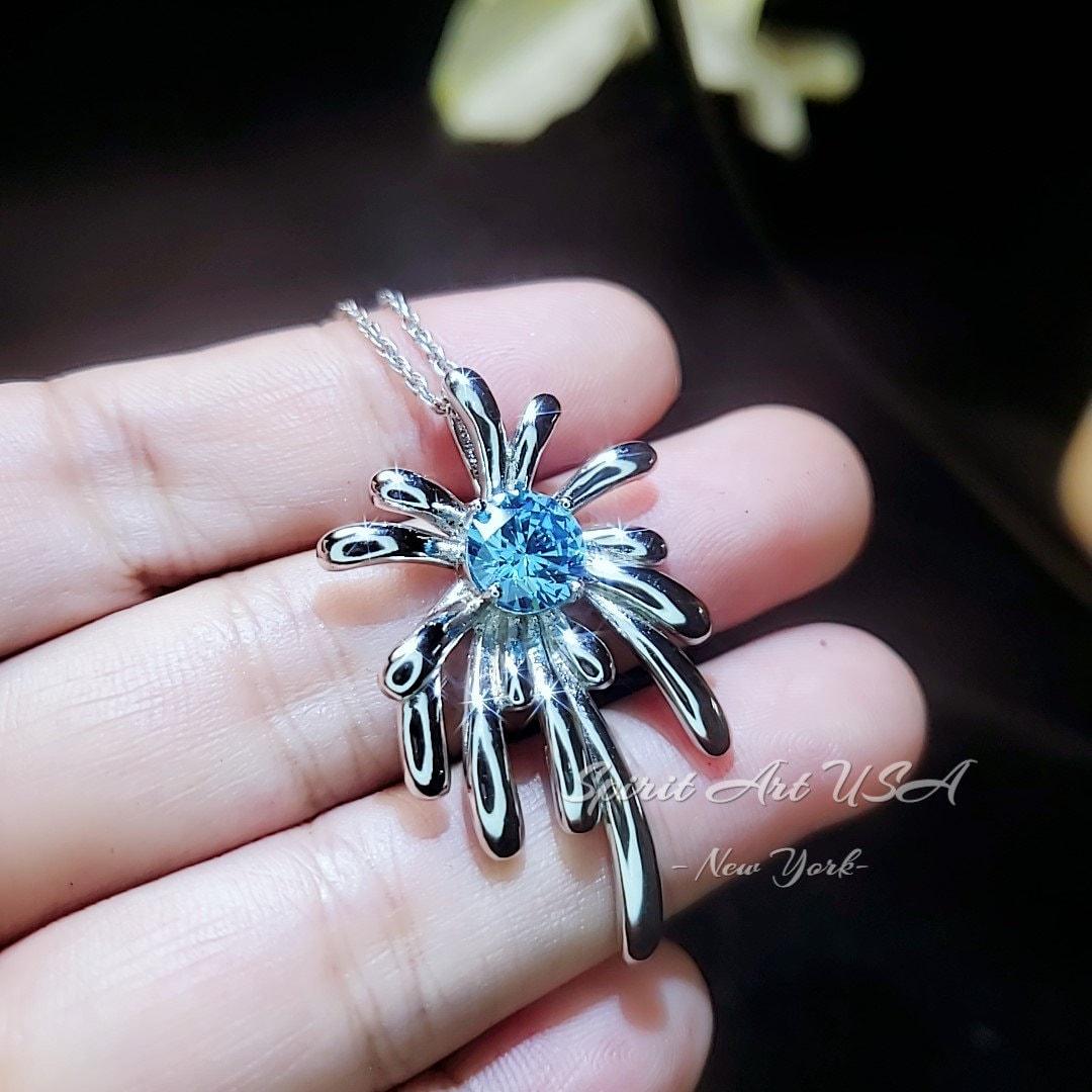 Sterling Silver Aquamarine Necklace - Firework Aquamarine Pendant - White Gold Plated Sterling Silver - March Birthstone #705