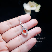 Sunstone Necklace - Tangerine Sapphire Jewelry- Oval Halo Orange Spessartite Garnet Pendant - 18KGP @ Sterling Silver #146