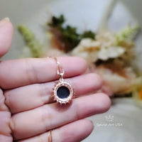 Black Onyx Necklace Rose Gold, Halo Solitaire Black Gemstone Pendant Sunflower Princess Diana Style Necklace Root Chakra Healing 236