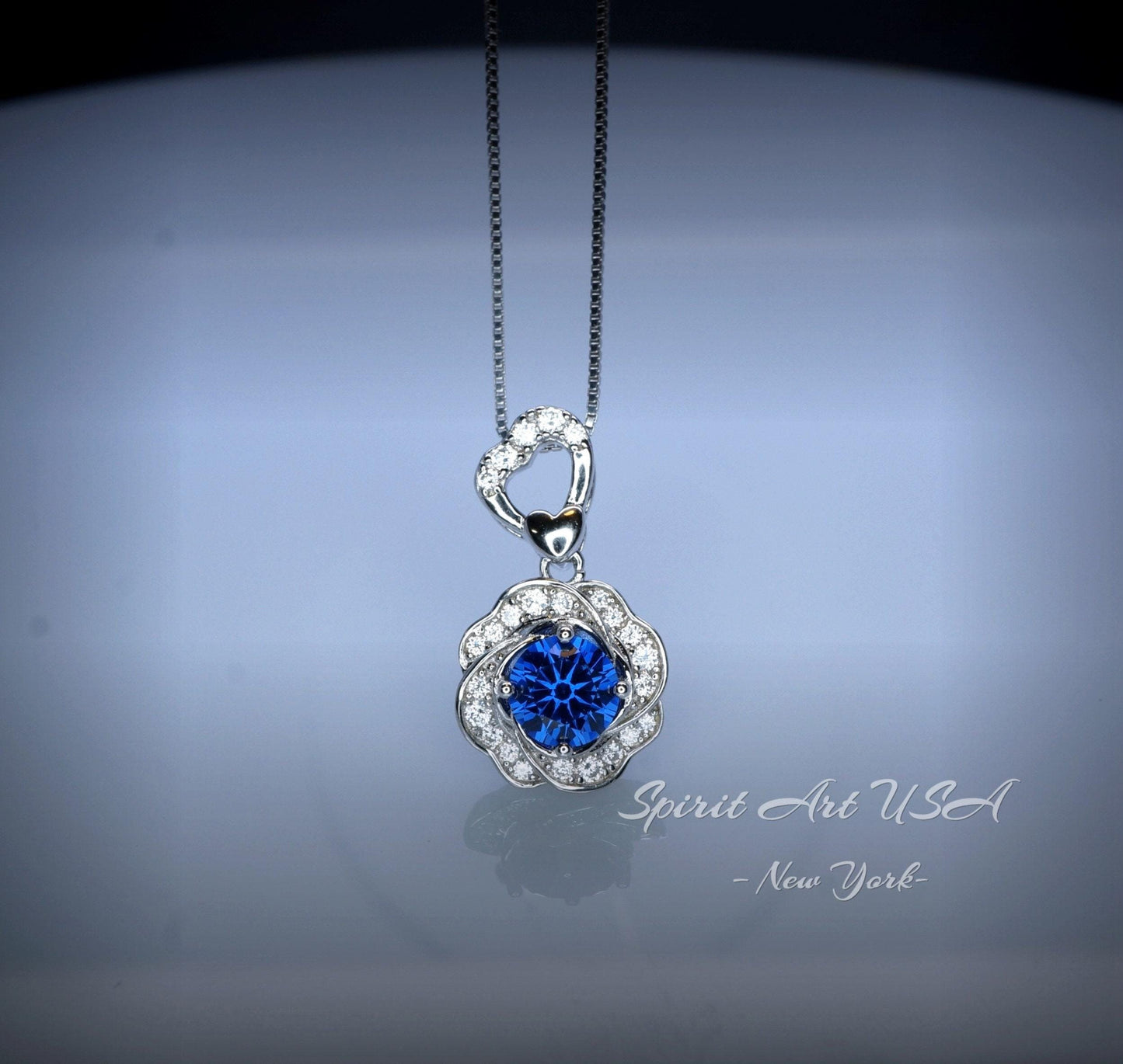 Blue Sapphire Necklace Gemstone Rose flower Pendant - 18KGP @ Sterling Silver - September Birthstone - Dainty Sapphire Pendant Jewelry #956