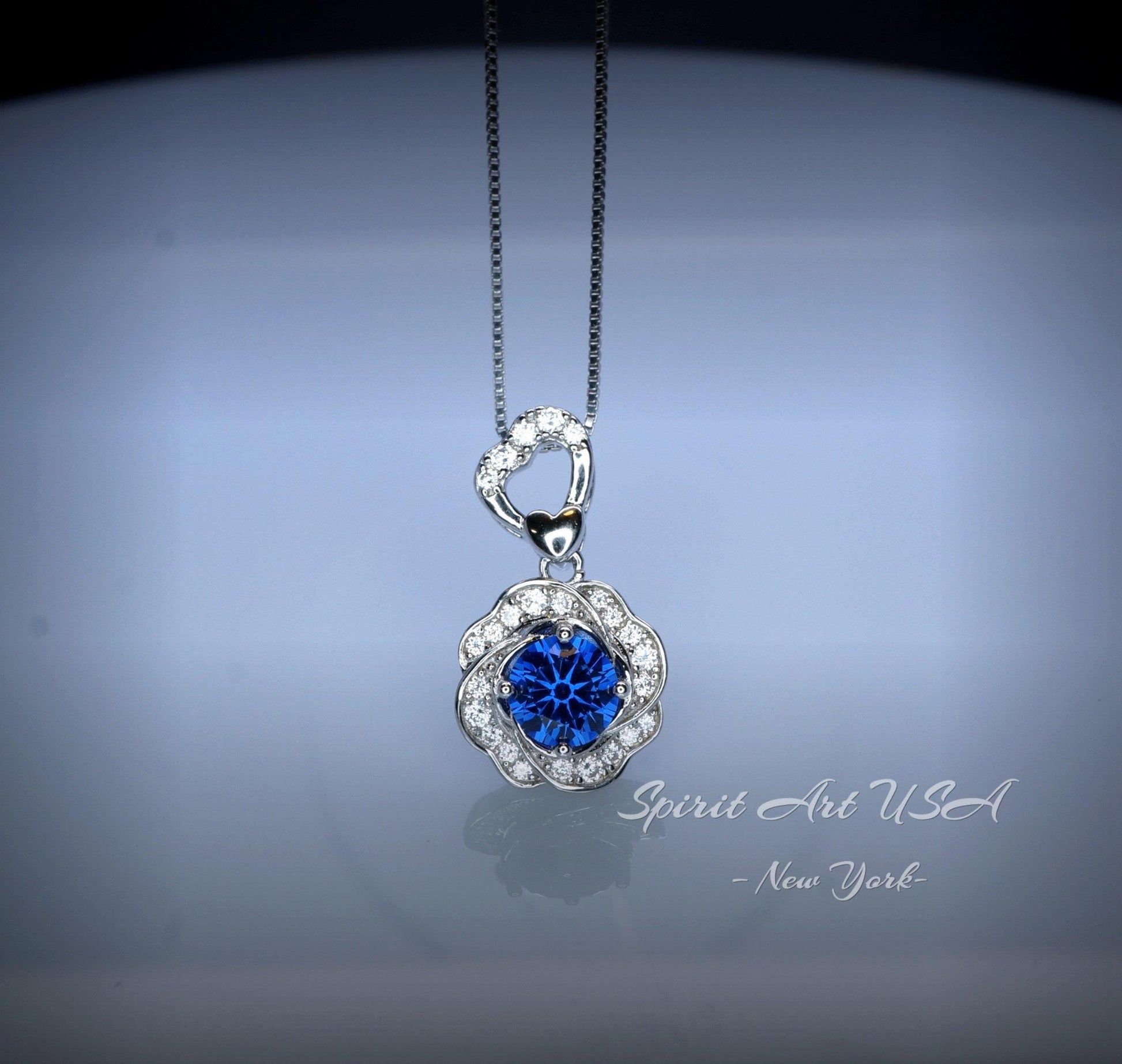 Blue Sapphire Necklace Gemstone Rose flower Pendant - 18KGP @ Sterling Silver - September Birthstone - Dainty Sapphire Pendant Jewelry #956