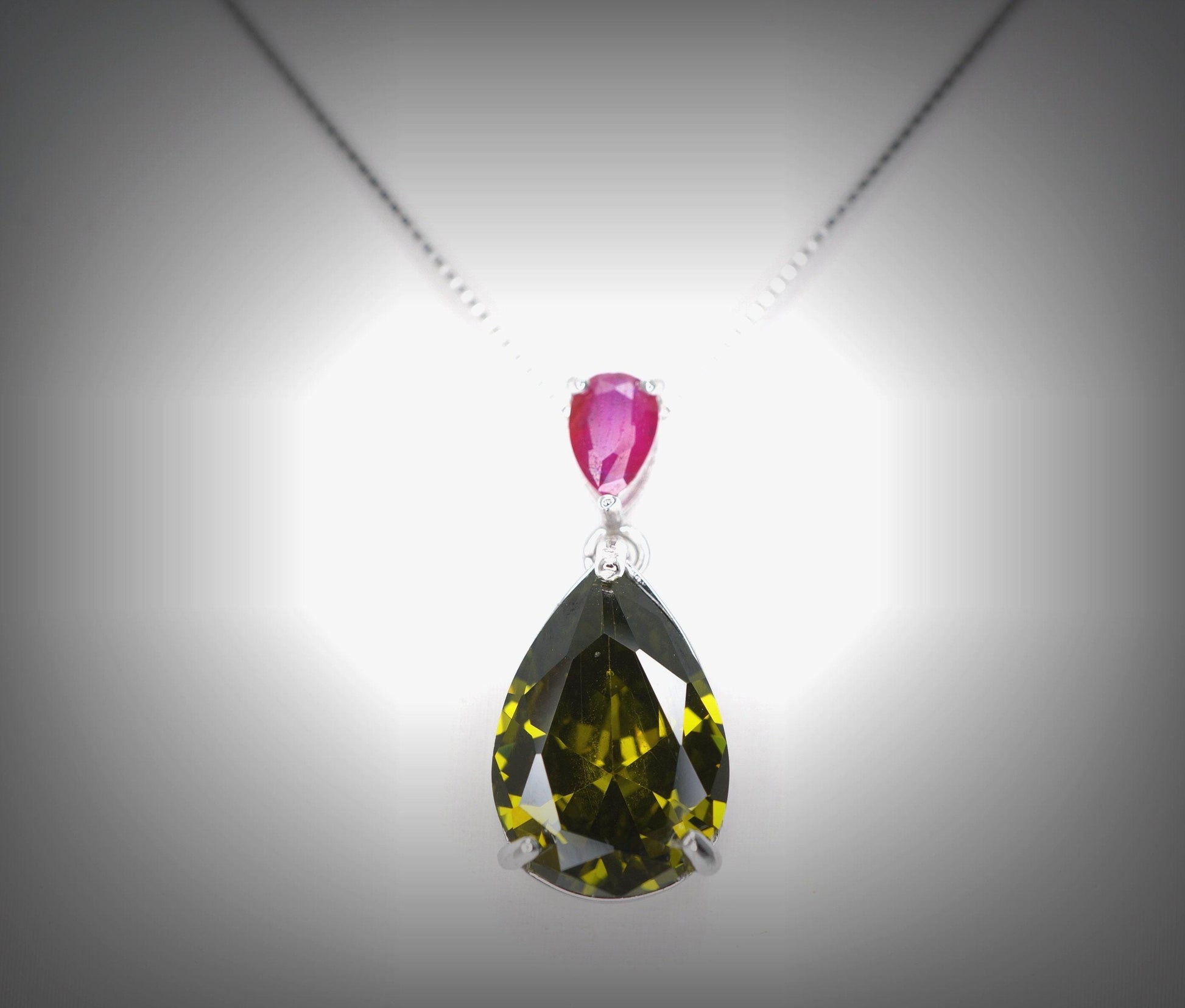 Teardrop Peridot Necklace - Tiny Ruby Teardrop Cut August Birthstone Jewelry - Large 5 Ct Lab Created Green Peridot Pendant #718