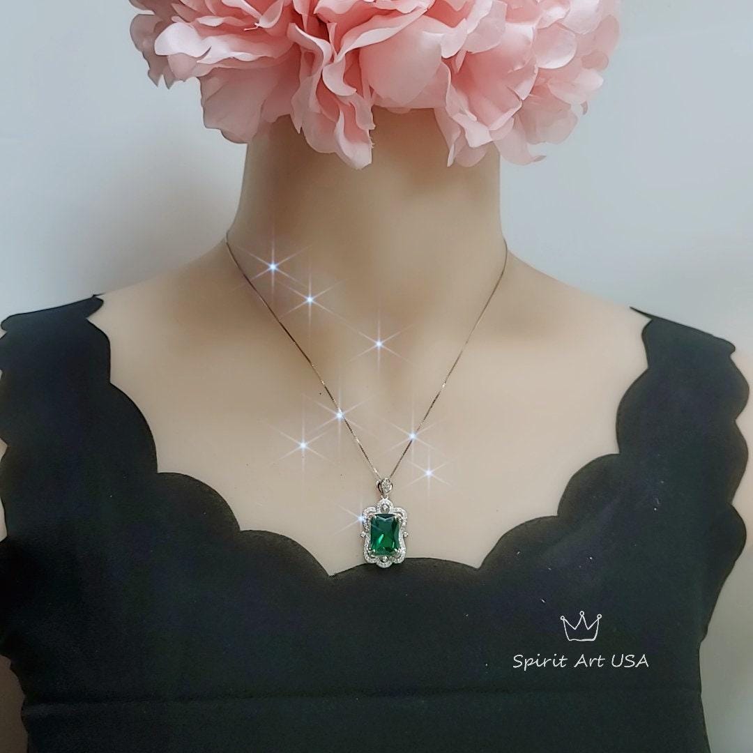 Large Rectangle Emerald Necklace - Sterling Silver White Gold coated Royal Flower Pendant - 10 CT Green Gemstone Wedding Bridal Jewelry #744