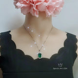 Large Rectangle Emerald Necklace - Sterling Silver White Gold coated Royal Flower Pendant - 10 CT Green Gemstone Wedding Bridal Jewelry #744