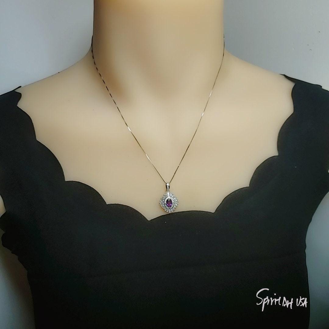 Sim Gemstone Genuine Amethyst Necklace - 18KGP @ Sterling Silver Halo 1.5 Ct Natural Purple Amethyst Pendant February Bridal #620