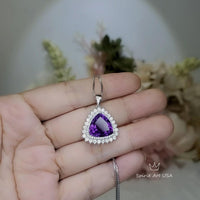 Large Genuine Trillion Amethyst Necklace, Layered 7 CT Triangle Halo Solitaire Purple, Natural Amethyst Pendant #981