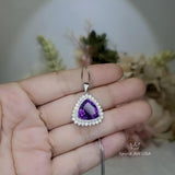 Large Genuine Trillion Amethyst Necklace, Layered 7 CT Triangle Halo Solitaire Purple, Natural Amethyst Pendant #981