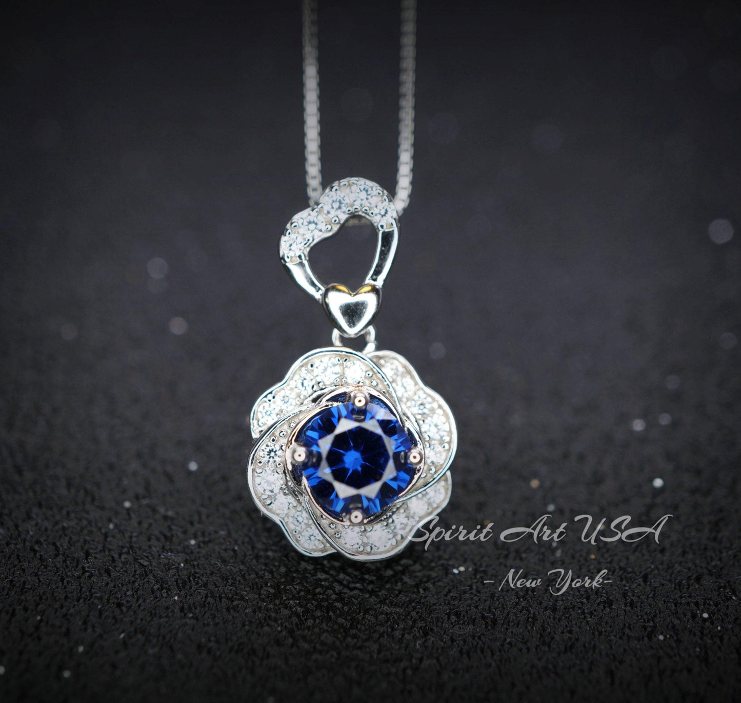 Blue Sapphire Necklace Gemstone Rose flower Pendant - 18KGP @ Sterling Silver - September Birthstone - Dainty Sapphire Pendant Jewelry #956