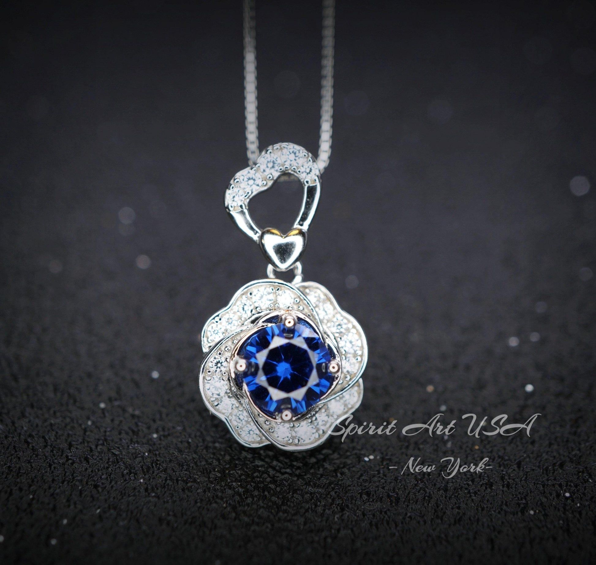 Blue Sapphire Necklace Gemstone Rose flower Pendant - 18KGP @ Sterling Silver - September Birthstone - Dainty Sapphire Pendant Jewelry #956