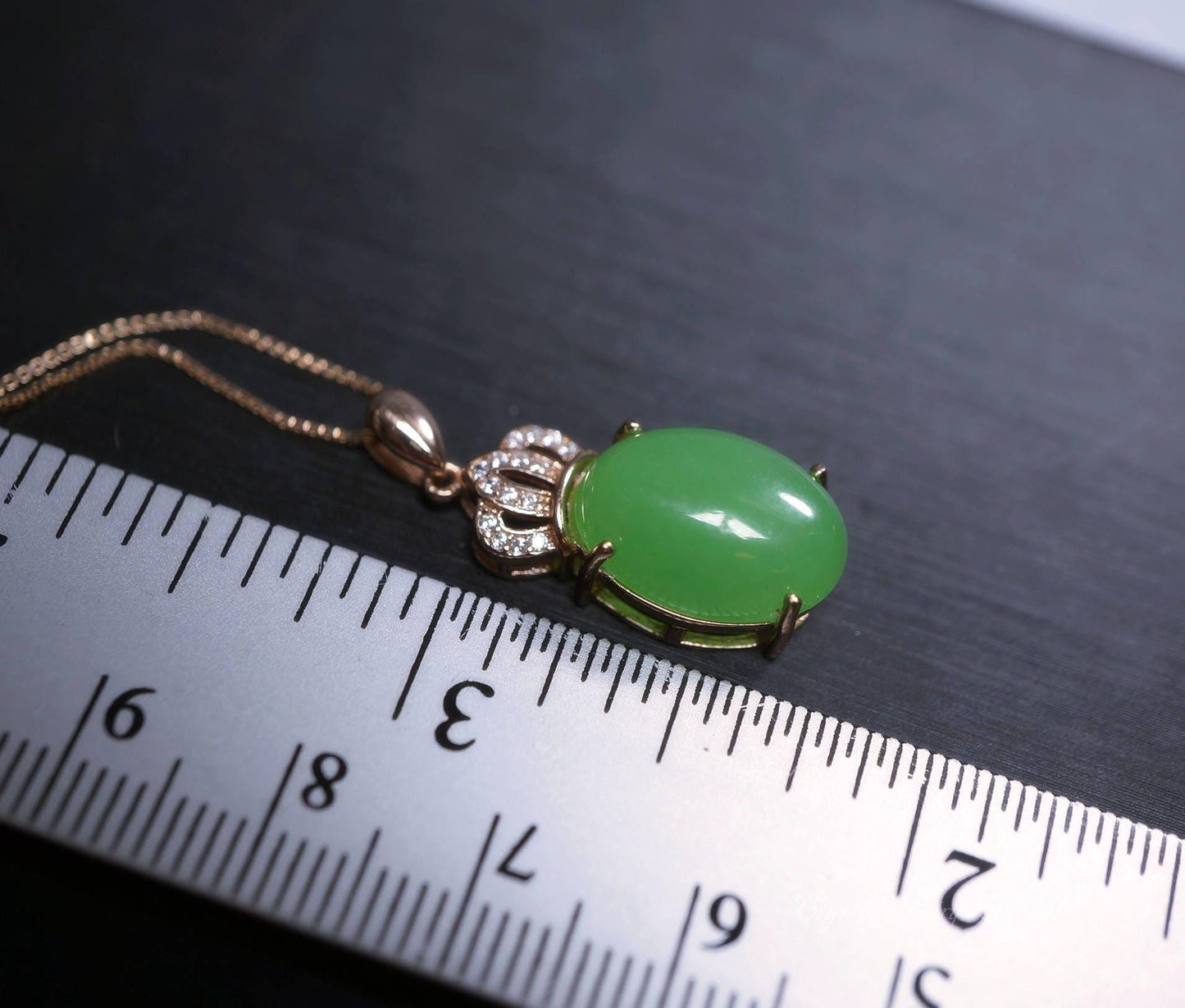 Emerald Jade Necklace - Rose Gold coated Sterling Silver Crown Pendant - Green Jade Jewelry #614
