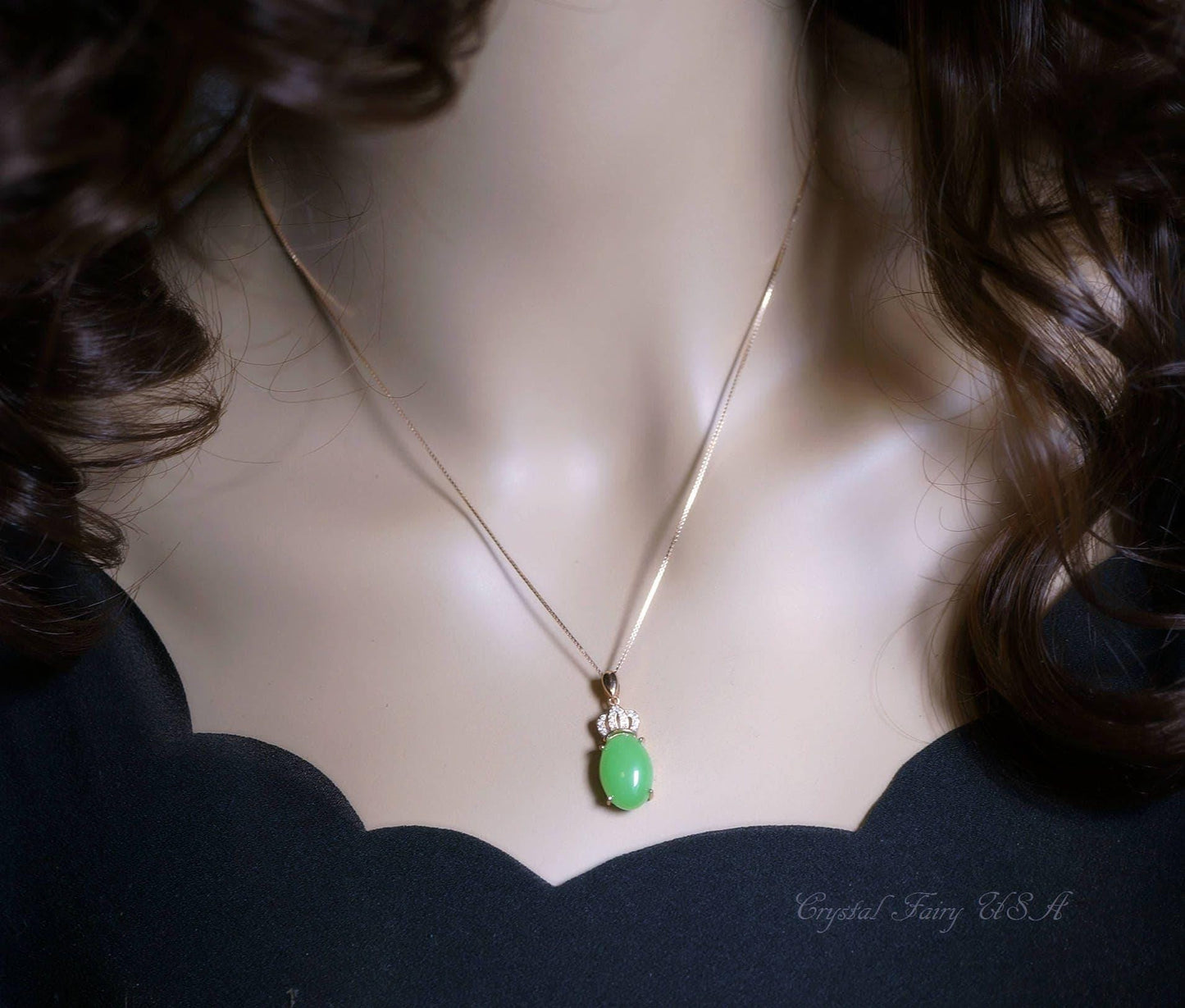 Emerald Jade Necklace - Rose Gold coated Sterling Silver Crown Pendant - Green Jade Jewelry #614