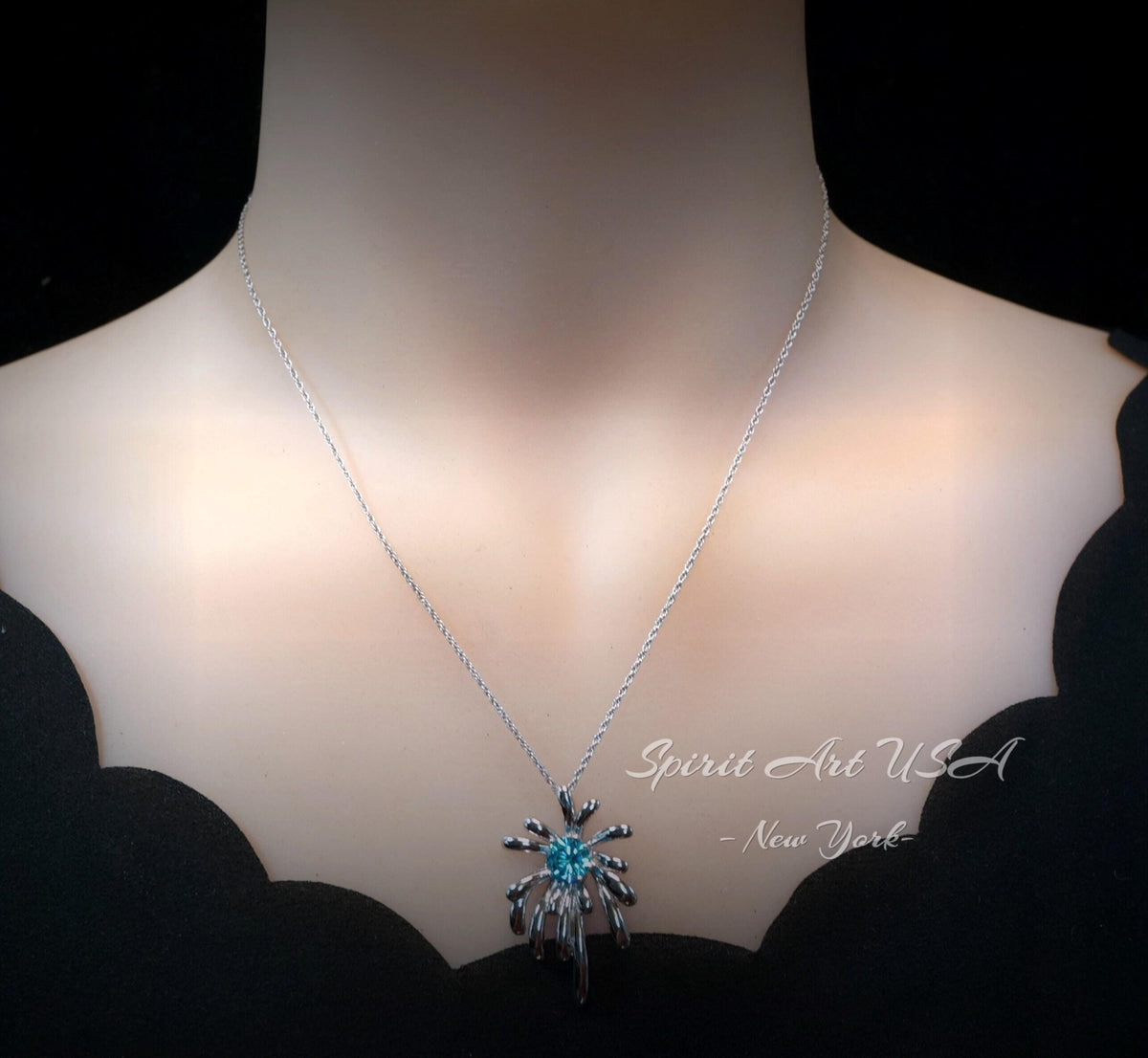 Sterling Silver Aquamarine Necklace - Firework Aquamarine Pendant - White Gold Plated Sterling Silver - March Birthstone #705