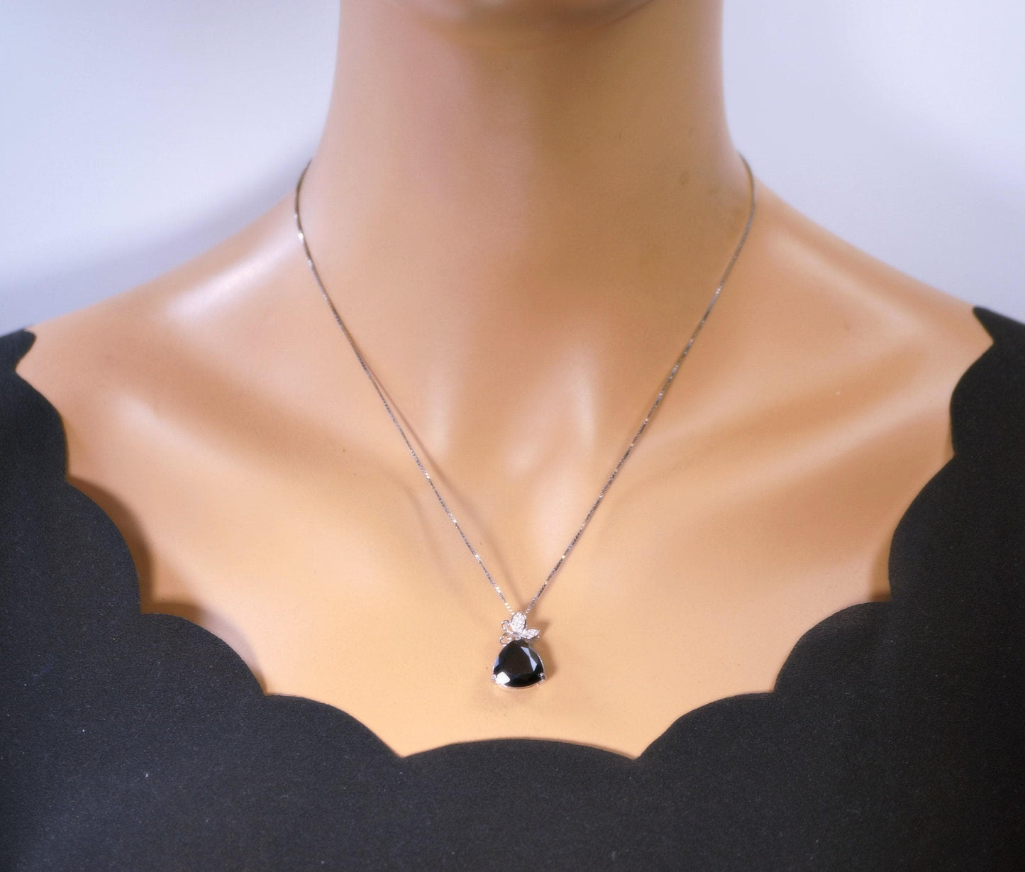 Trillion Black Cubic Zirconia Necklace Sterling Silver Butterfly , Jet Black CZ Necklace, Black Solitaire Pendant