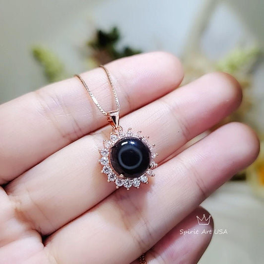 Black Onyx Necklace Rose Gold Coated Sterling Silver made, Black Gemstone Pendant Sunflower Princess Diana Style Root Chakra Healing 236