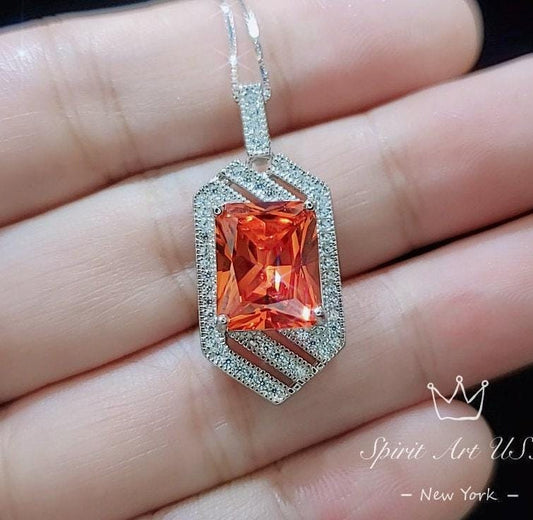 Spacecraft Style Sunstone Necklace - Rectangle Scissor Cut - 4.5 CT Orange Sunstone Pendant - White Gold coated Sterling Silver #1016