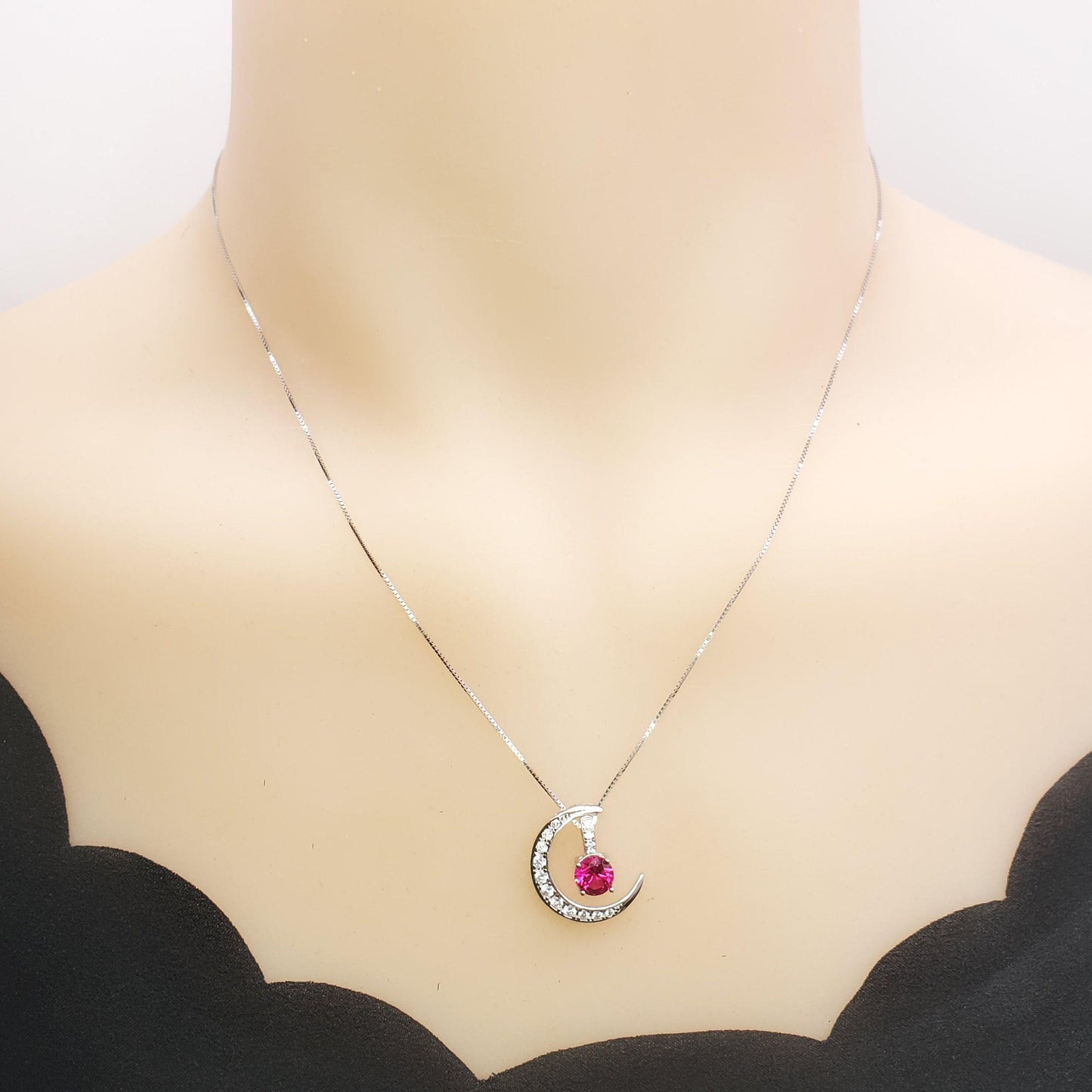 Crescent Moon Ruby Necklace full 925 Sterling Silver Two Pendant One Necklace July Birthstone chain #226