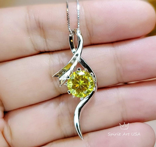2 CT Round Yellow Diamond Necklace Sterling Silver Swirl Bow Infinity Yellow Gemstone Pendant White Gold coated Luxury Bridal Jewelry 1091