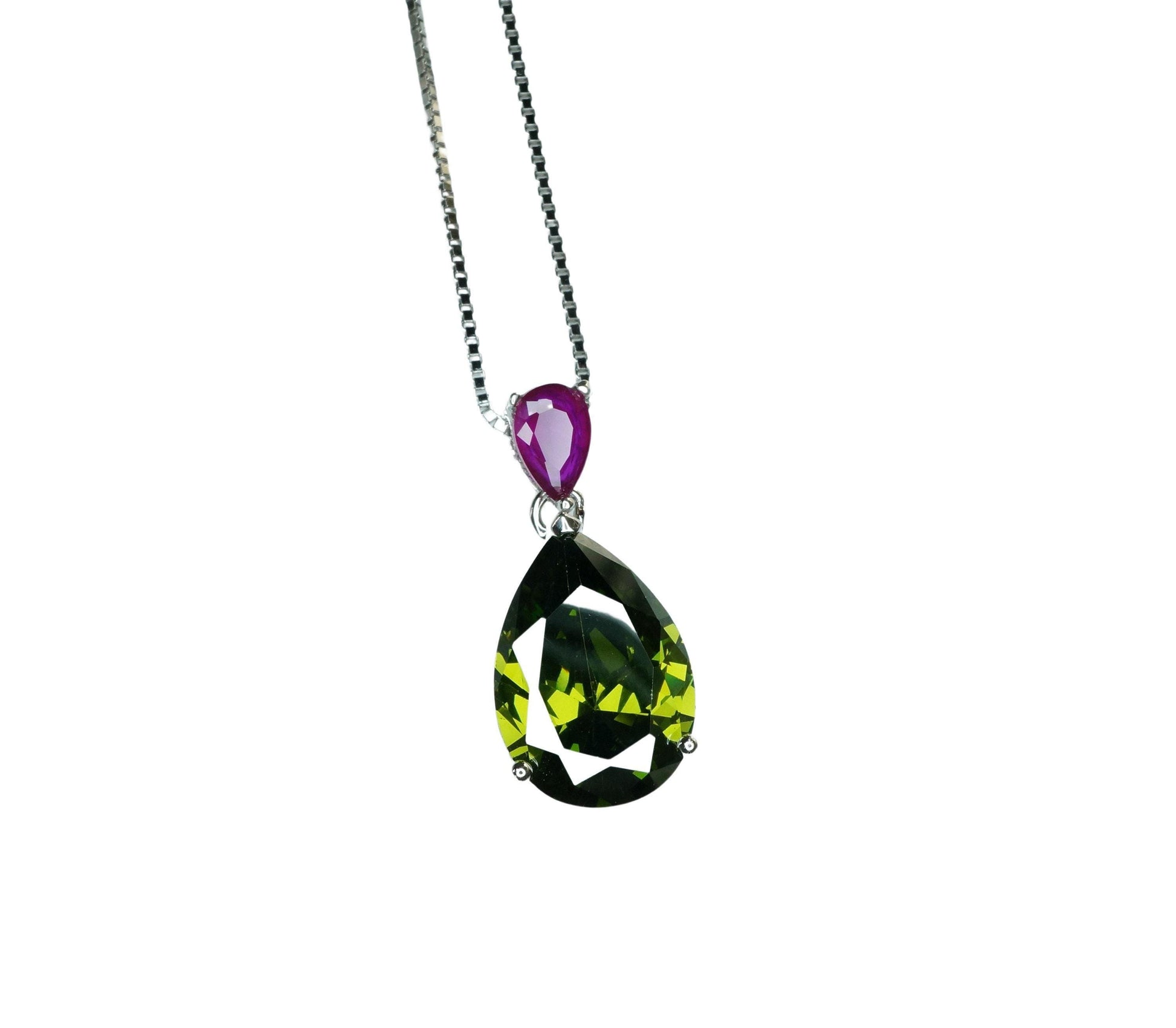 Teardrop Peridot Necklace - Tiny Ruby Teardrop Cut August Birthstone Jewelry - Large 5 Ct Lab Created Green Peridot Pendant #718