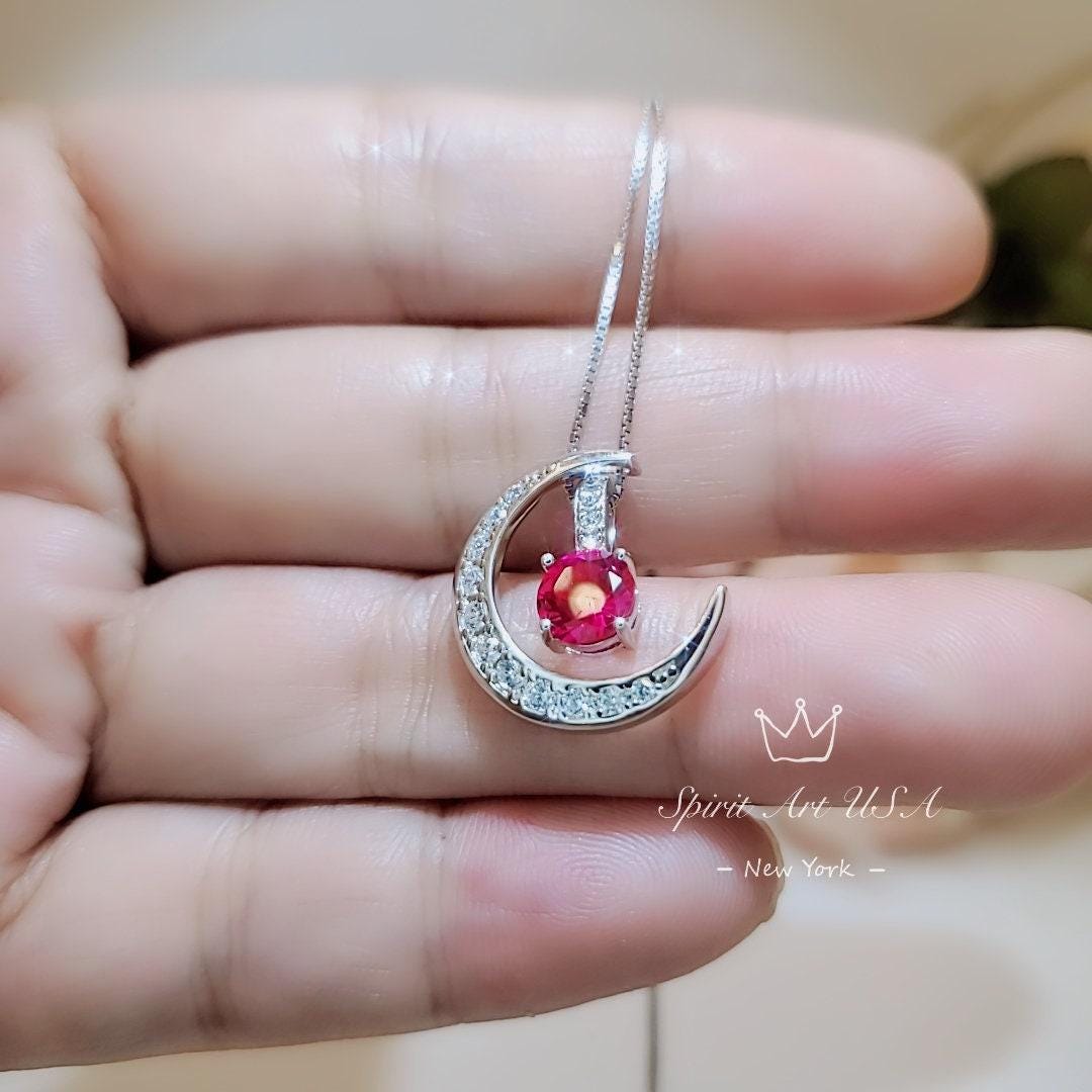 Crescent Moon Ruby Necklace full 925 Sterling Silver Two Pendant One Necklace July Birthstone chain #226