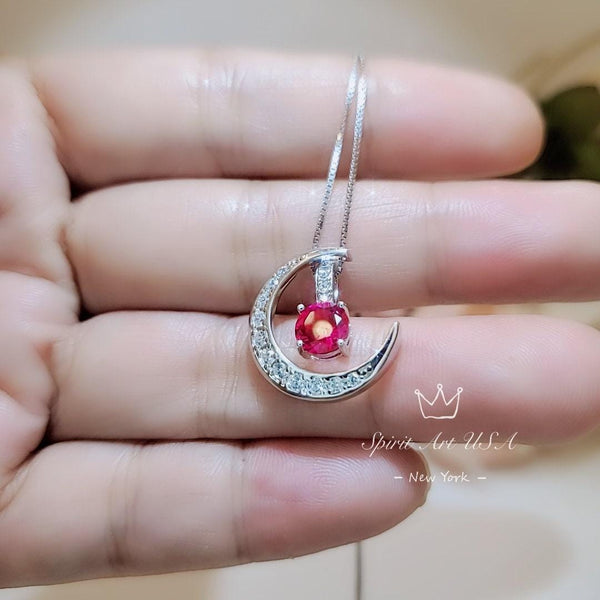 Crescent Moon Ruby Necklace full 925 Sterling Silver Two Pendant One Necklace July Birthstone adjustable chain #226