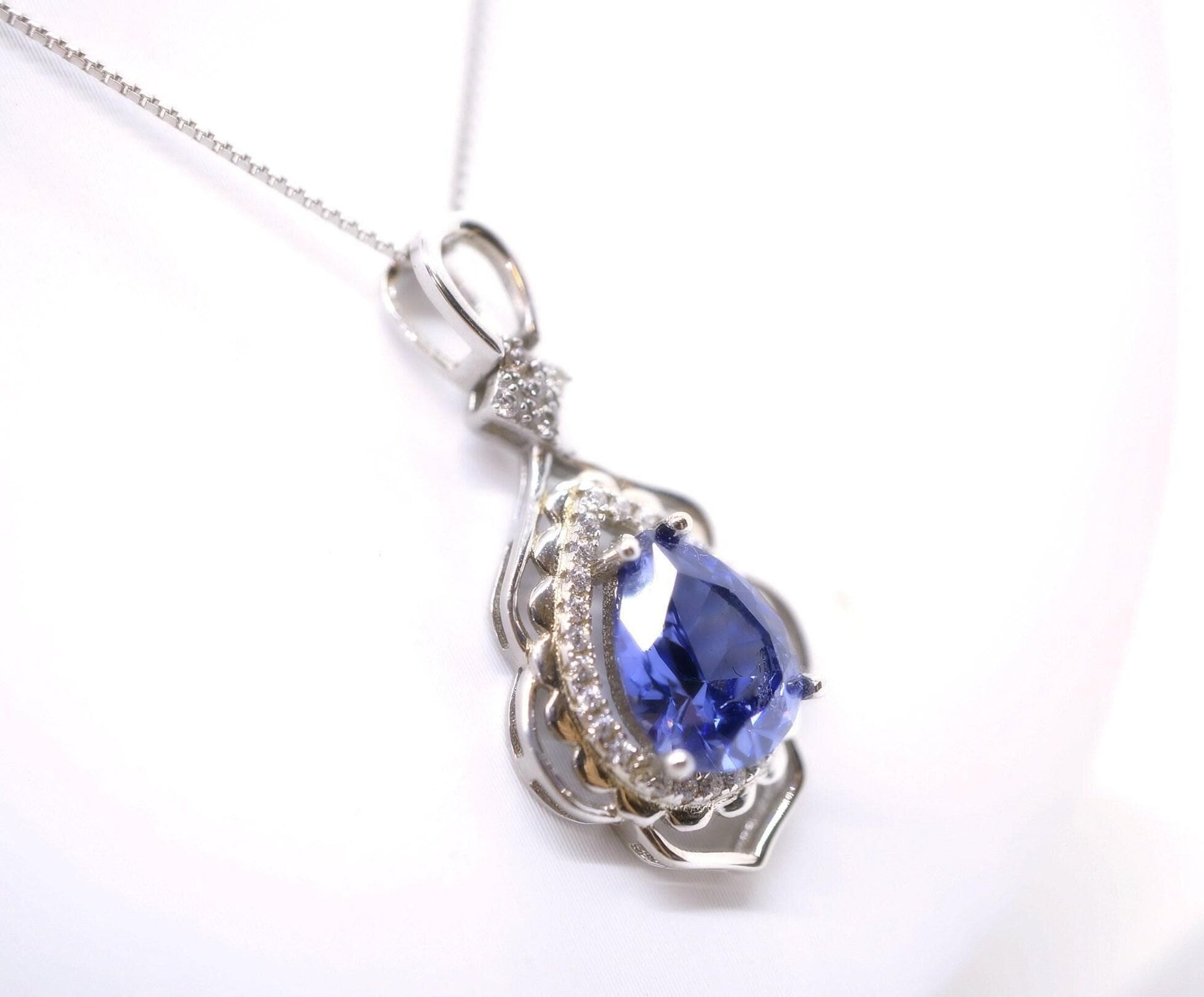 Large Tanzanite Necklace - Gemstone Leaf Lab Created Tanzanite Pendant - 18KGP - Sterling Silver - Teardrop Style Pear Cut 2.75CT #714