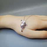 Pink Pearl Necklace Sterling Silver - Large 12mm Genuine Freshwater Pearl Leaf Leaves Ruby Feather Necklace 1100