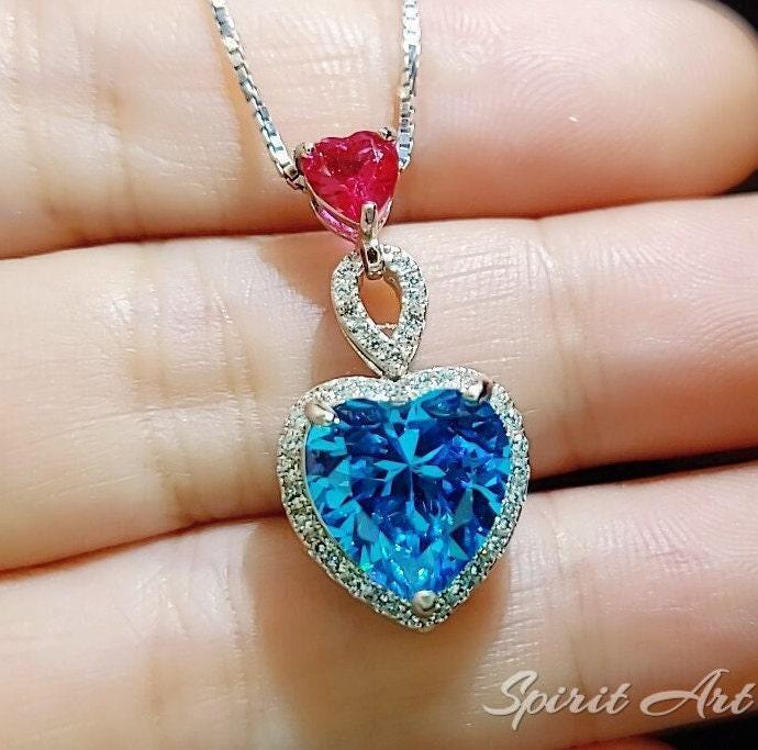 Double Heart Blue Topaz Necklace - 4 Ct Gemstone Halo Heart Connect Heart Necklace - November Birthstone - Blue Topaz Pendant #1123