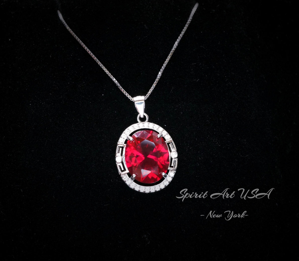 Large Oval Red Ruby Necklace - 5 CT White Gold Sterling Silver Gemstone Halo Red Ruby Pendant - July Birthstone - Ruby Jewelry #552